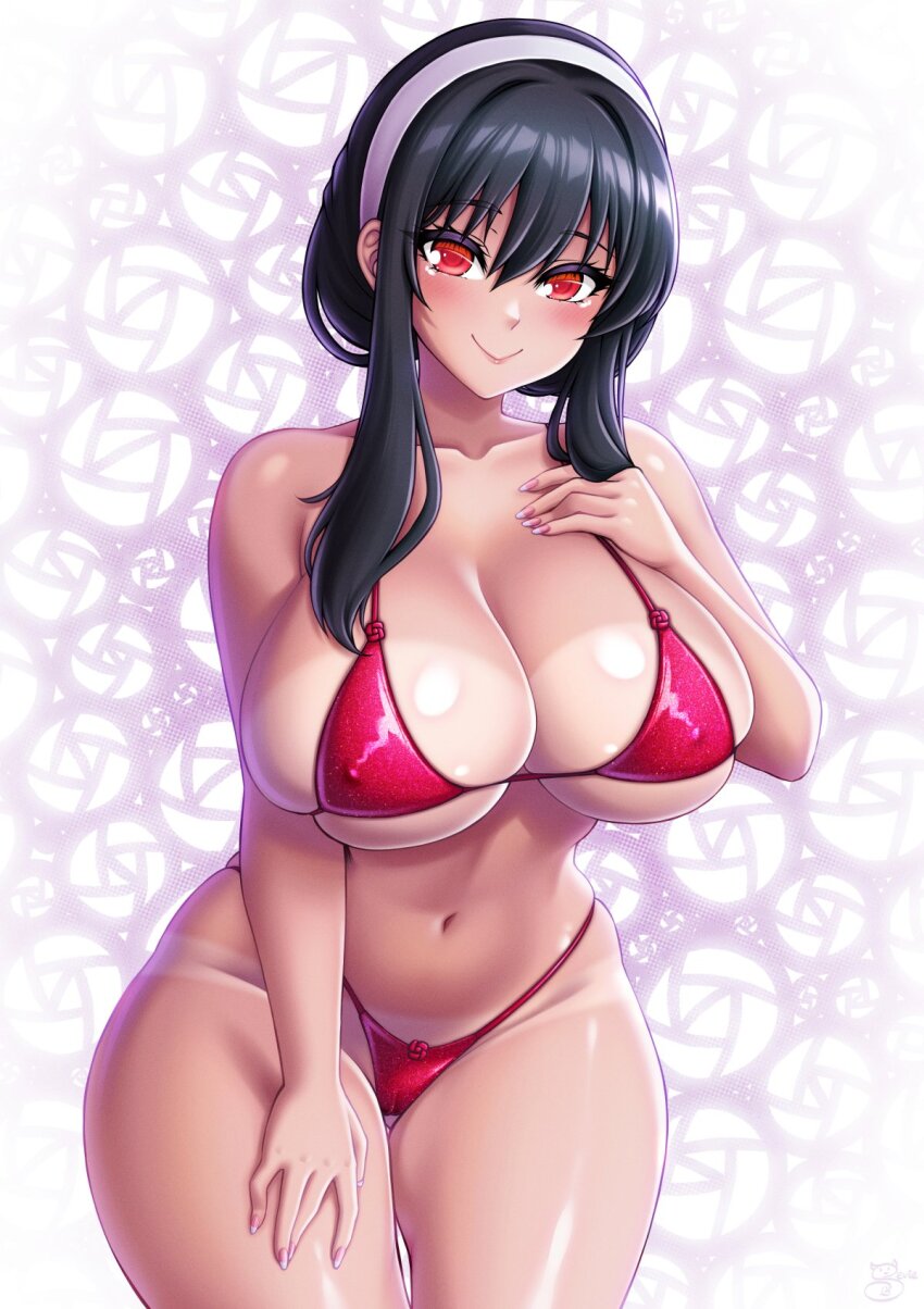 1girl, :>, bad_id, bad_twitter_id, bikini, black_hair, blush, breasts