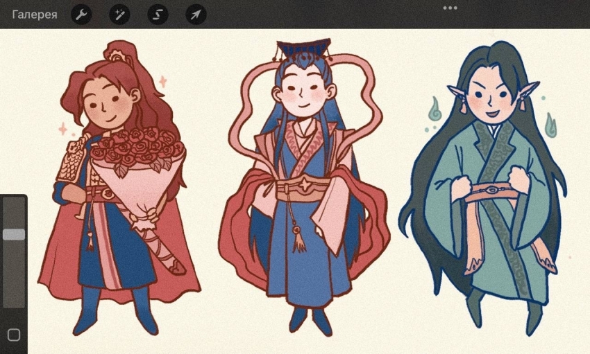 3boys, armor, art_program_in_frame, belt, blue_hair, blue_hanfu, blue_robe, bouquet