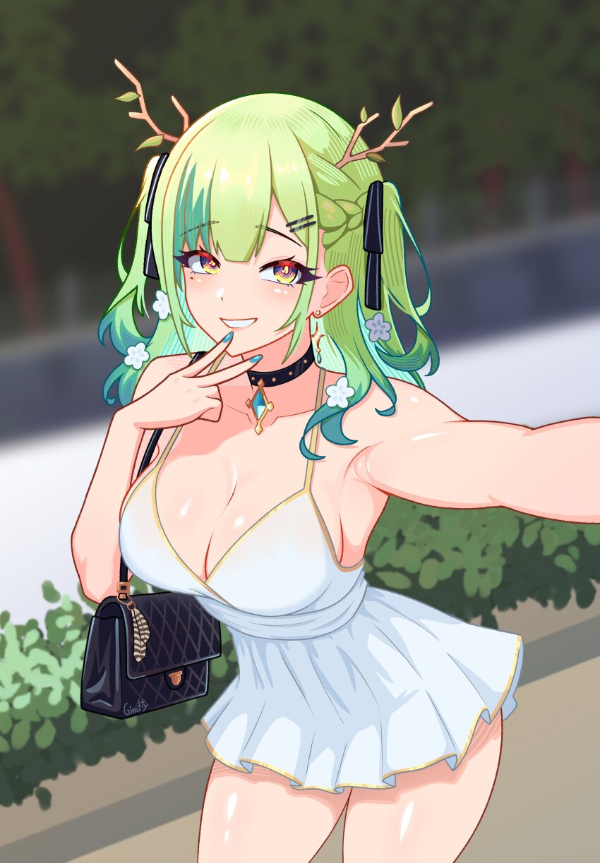 1girl, absurdres, alternate_costume, antlers, armpits, artist_name, bag, bare_shoulders