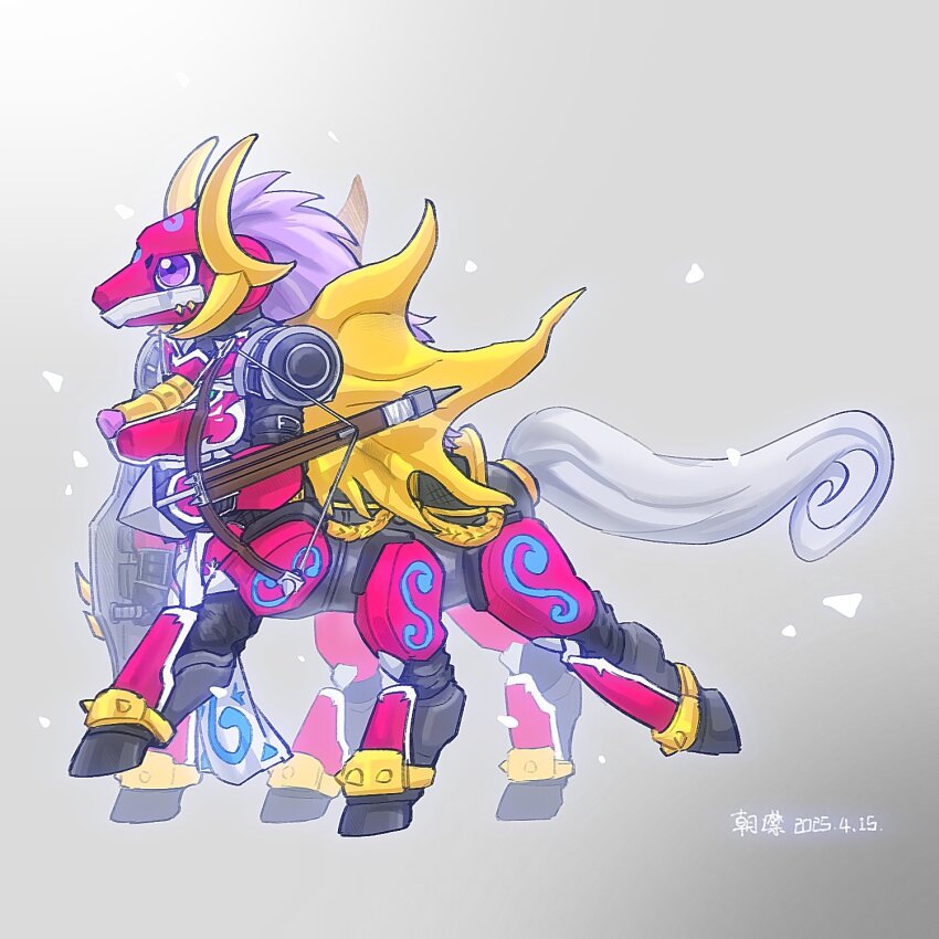 armor, bow_(weapon), centauroid, crossbow, dated, digimon, digimon_(creature), extra_legs, from_side, full_body, gradient_background, grey_background, highres, holding, holding_shield, j69ph7ewvpalgvz, long_hair, pink_armor, purple_eyes, purple_hair, shield, simple_background, sleipmon, taur, weapon