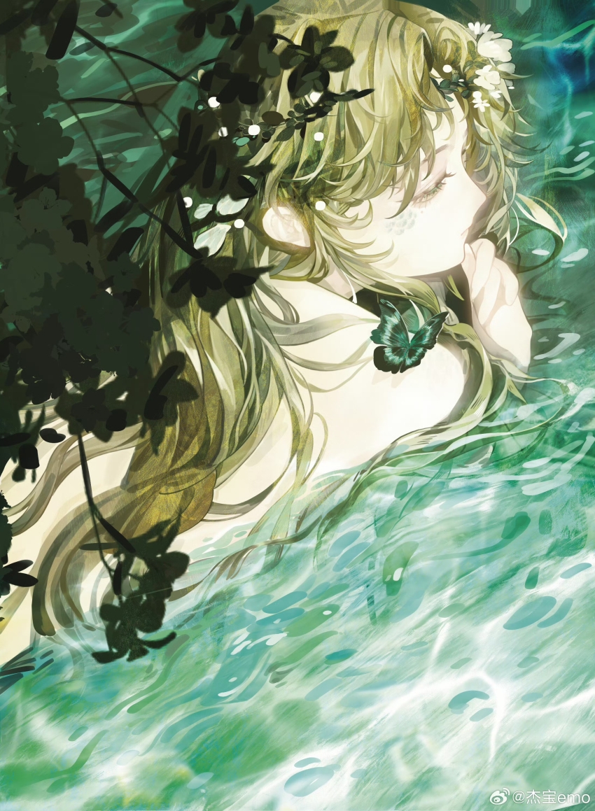 1girl, absurdres, blonde_hair, branch, bug, butterfly, butterfly_on_shoulder, fangu