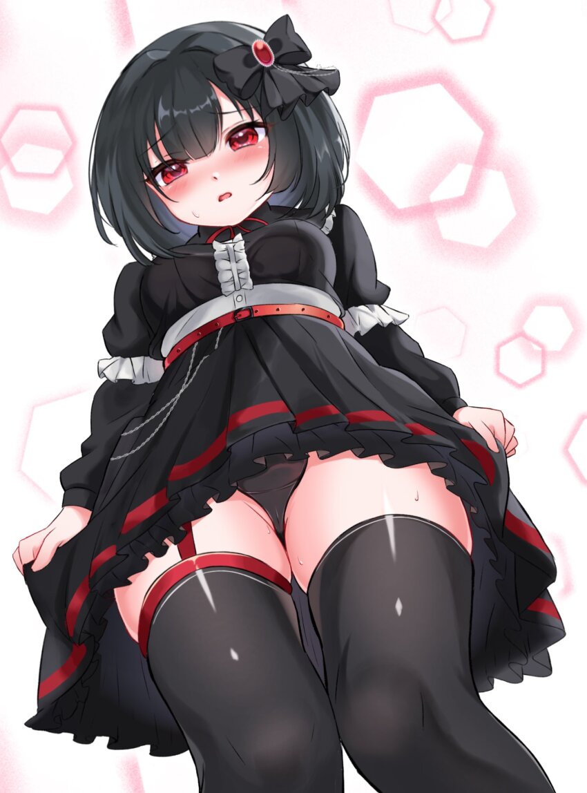 1girl, black_dress, black_hair, black_panties, blush, bow, breasts, dress