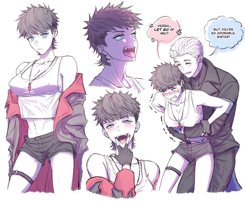 1boy, 1girl, black_hair, blue_eyes, breasts, cleavage, commentary, covered_erect_nipples