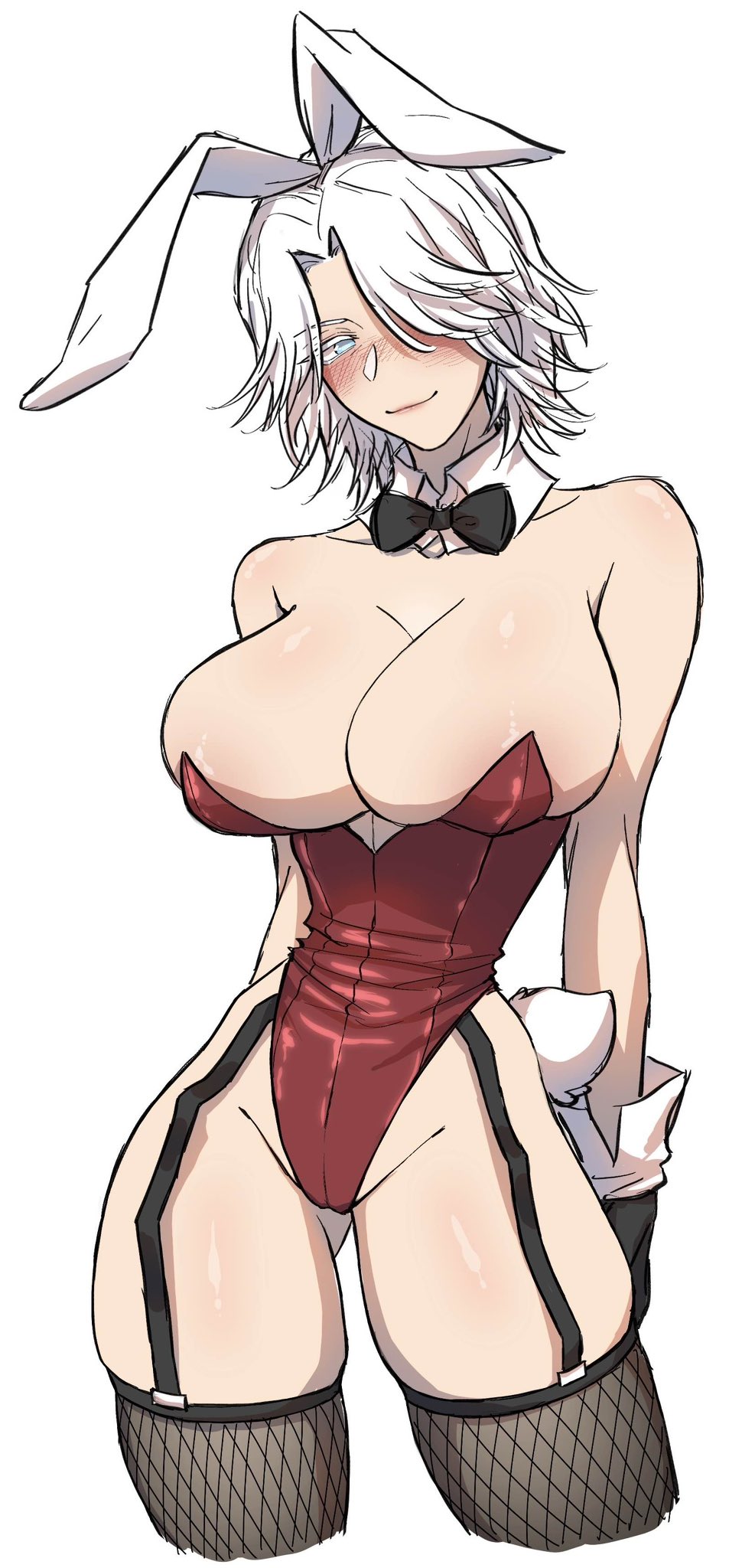 1girl, animal_ears, blue_eyes, bow, bowtie, breasts, commentary, dante_(devil_may_cry)