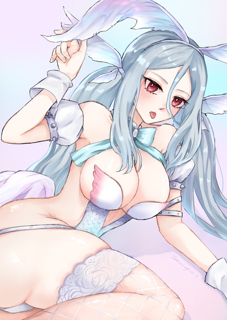 1girl, animal_ears, aqua_bow, aqua_bowtie, blue_background, blush, bow, bowtie, breasts, brown_dust_(series), brown_dust_2, cleavage, dldbsq, fake_animal_ears, fake_tail, fishnet_thighhighs, fishnets, hair_between_eyes, large_breasts, leotard, long_hair, looking_at_viewer, morpeah_(brown_dust), open_mouth, pink_background, playboy_bunny, red_eyes, shadow, solo, tail, thighhighs, tongue, tongue_out, twintails, two-tone_background, very_long_hair, white_leotard, white_thighhighs, white_wrist_cuffs, wrist_cuffs