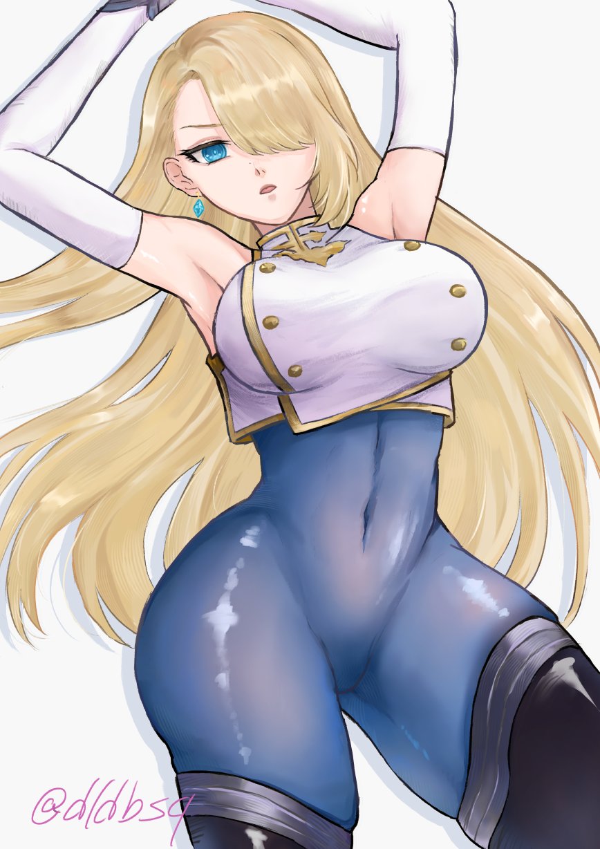1girl, armpits, artist_name, black_thighhighs, blonde_hair, blue_eyes, bodystocking, breasts, brown_dust_(series), brown_dust_2, covered_navel, cropped_jacket, dldbsq, earrings, elbow_gloves, gloves, hair_over_one_eye, highres, jacket, jewelry, large_breasts, long_hair, looking_at_viewer, lying, on_back, open_mouth, simple_background, solo, thighhighs, twitter_username, very_long_hair, watermark, white_background, white_gloves, white_jacket, wilhelmina_(brown_dust), wilhelmina_(iron_monarch)_(brown_dust)