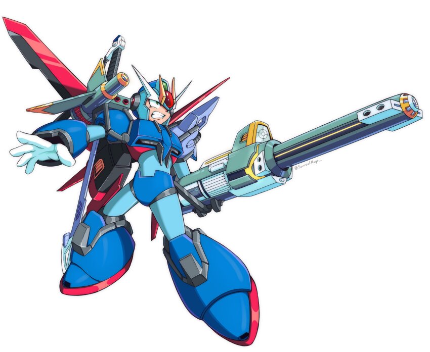 1boy, android, arm_cannon, armor, blue_armor, blue_helmet, clenched_teeth, commentary