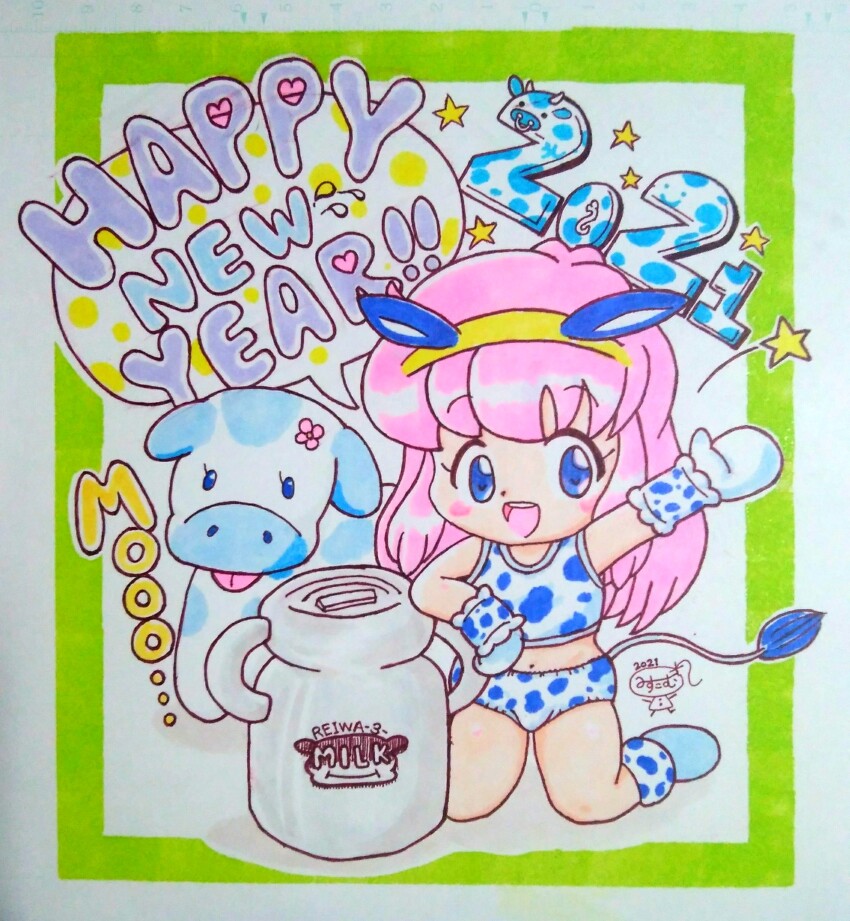 1girl, 2021, 20s, absurdres, animal, animal_ears, animal_print, blue_eyes