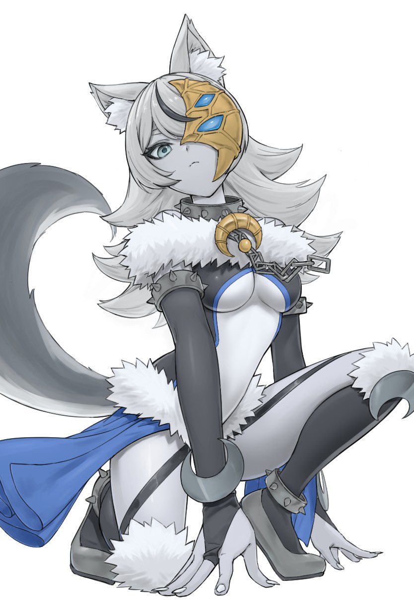 animal_ears, anr_0ad2, breasts, chain, colored_skin, crescent, duel_monster, full_body, grey_eyes, grey_hair, grey_skin, half_mask, highres, long_hair, lunalight_silver_hound, mask, medium_breasts, on_one_knee, one_eye_covered, revealing_clothes, simple_background, underboob, white_background, wolf_ears, wolf_girl, yu-gi-oh!
