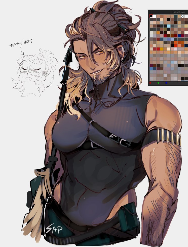 1boy, arm_hair, armlet, beard, belt, belt_pouch, black_leotard, brown_hair, chest_belt, chibi, chibi_inset, cropped_torso, dark-skinned_male, dark_skin, ear_piercing, earrings, eyebrow_cut, facial_hair, goldbullet, gun, holostars, holostars_english, jewelry, large_pectorals, leotard, lips, male_focus, necklace, necklace_in_mouth, orange_eyes, pectorals, pencil, pencil_in_hair, piercing, ponytail, pouch, rifle, sap_(_sapere), signature, simple_background, skin_tight, sniper_rifle, toned, toned_male, upper_body, virtual_youtuber, weapon, white_background