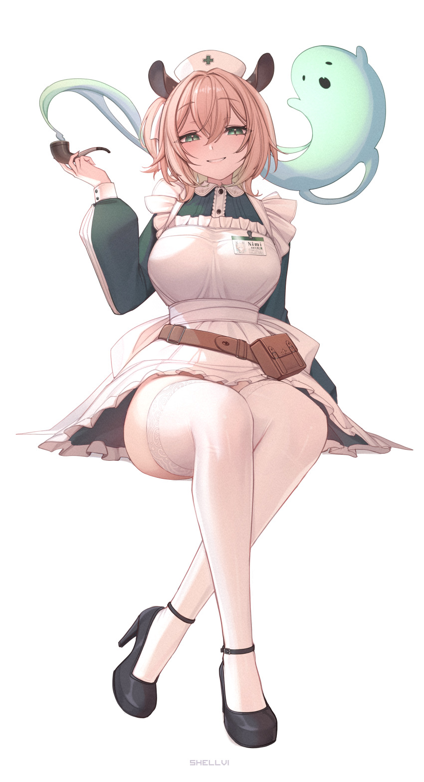 1girl, absurdres, animal_ears, apron, black_shoes, breasts, brown_hair, center_frills, commentary, crossed_bangs, crossed_legs, dress, frilled_apron, frills, full_body, green_dress, green_eyes, grin, hair_between_eyes, hand_up, hat, high_heels, highres, holding, holding_smoking_pipe, indie_virtual_youtuber, large_breasts, long_sleeves, looking_at_viewer, name_tag, naplings_(nimi_nightmare), nimi_nightmare, nimi_nightmare_(1st_costume), nurse, nurse_cap, one_side_up, shellvi, shoes, short_hair, simple_background, sitting, sleeve_slit, smile, smoking_pipe, solo, strappy_heels, tapir_ears, tapir_girl, thighhighs, virtual_youtuber, waist_bag, white_apron, white_background, white_thighhighs