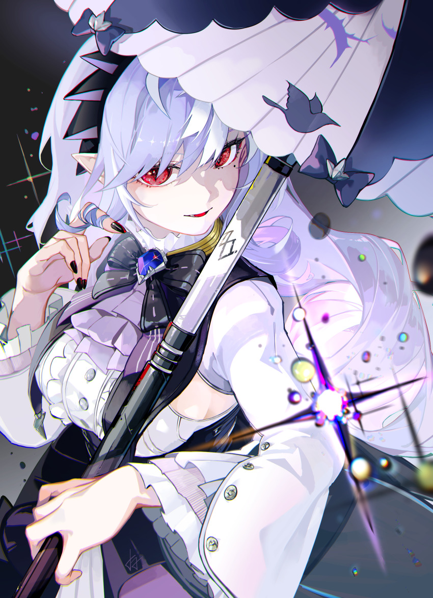 1girl, absurdres, ascot, black_ribbon, breasts, commentary, hand_up, highres