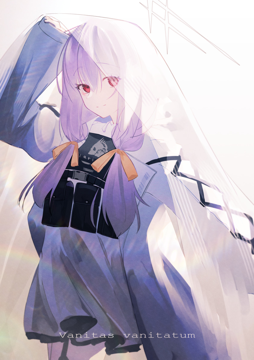 1girl, absurdres, akatoshu, arm_up, atsuko_(blue_archive), blue_archive, closed_mouth, commentary_request, dress, hair_over_shoulder, halo, highres, long_hair, long_sleeves, looking_at_viewer, purple_eyes, purple_hair, see-through_clothes, see-through_veil, smile, solo, veil, white_dress, white_halo