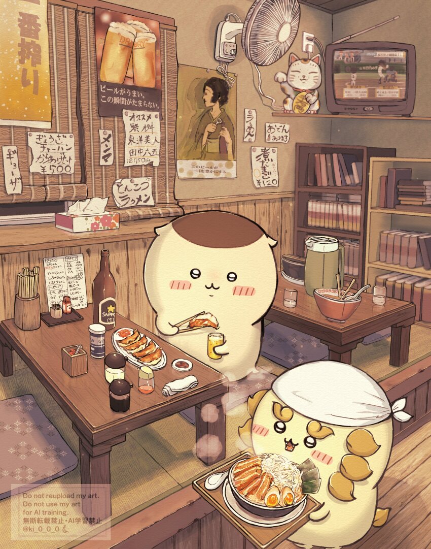 2others, :3, absurdres, alcohol, artist_name, bandana, bean_sprout, beer