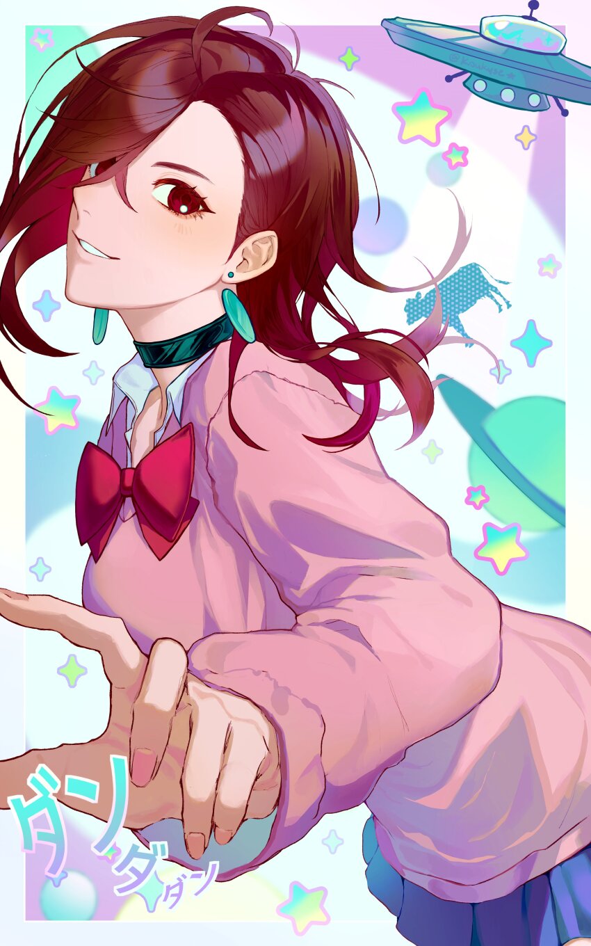 1girl, absurdres, animal, ayase_momo, black_choker, blue_skirt, bow, bowtie, breasts, brown_eyes, brown_hair, choker, collared_shirt, commentary, copyright_name, cow, dandadan, earrings, floating_earrings, hair_behind_ear, hair_between_eyes, highres, jewelry, koukyse, light_blush, long_sleeves, looking_at_viewer, medium_breasts, messy_hair, miniskirt, outside_border, parted_lips, pink_nails, pink_sweater, pleated_skirt, red_bow, red_bowtie, saturn_(planet), school_uniform, shirt, skirt, smile, solo, sparkle, star_(symbol), sweater, tractor_beam, ufo, upper_body, white_shirt