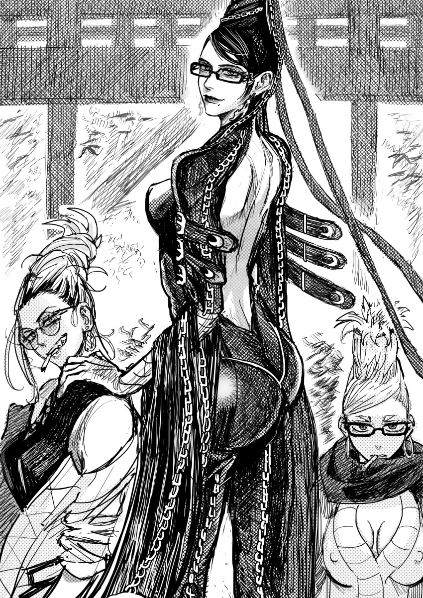 3girls, absurdres, ass, ayase_seiko, backless_bodysuit, bayonetta, bayonetta_(series), bayonetta_1