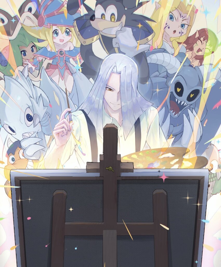 4girls, ancient_gear_golem, blue-eyes_toon_dragon, blue-eyes_white_dragon, dark_magician_girl, duel_monster, gemini_elf, glowing, grey_hair, highres, holding, holding_brush, long_hair, manga_ryu_ran, monster, multiple_girls, painting_(action), pegasus_j_crawford, re_(pixiv_89203939), shirt, summoned_skull, suspenders, toon_ancient_gear_golem, toon_dark_magician_girl, toon_gemini_elf, toon_mermaid, toon_summoned_skull, white_shirt, yu-gi-oh!, yu-gi-oh!_duel
