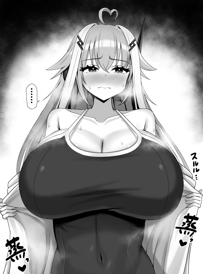 1girl, absurdres, ahoge, bare_shoulders, bemani, blush, breasts, cleavage