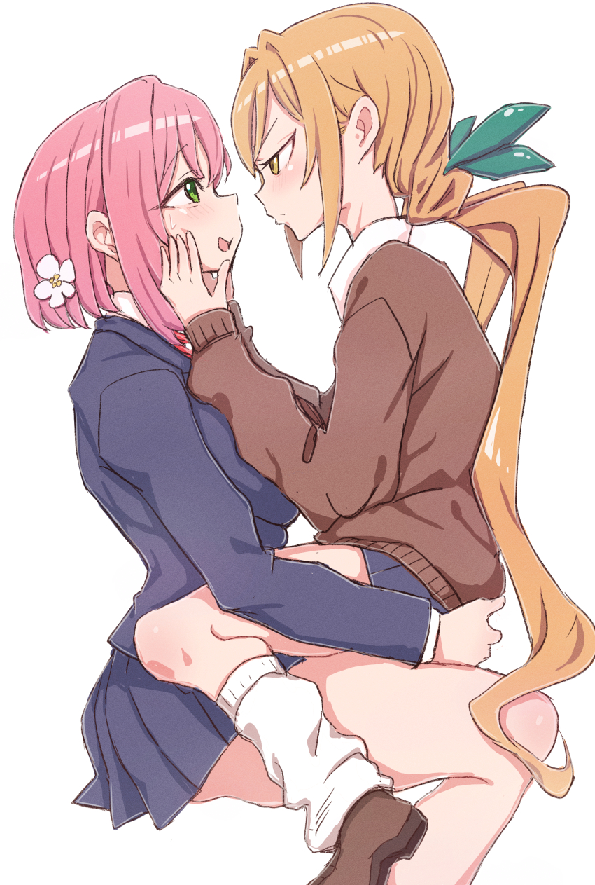 2girls, absurdres, angry, black_jacket, black_skirt, blonde_hair, breasts, brown_cardigan