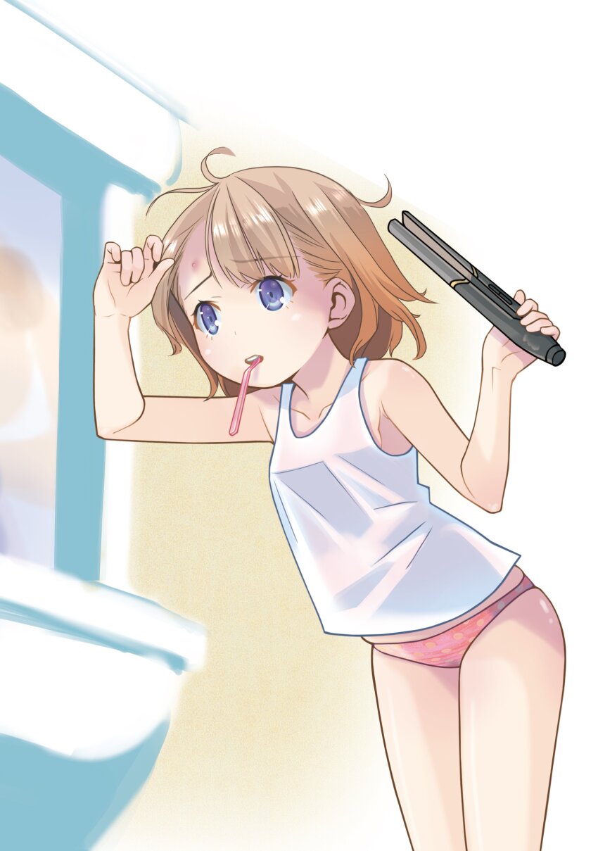 1girl, absurdres, adjusting_hair, antenna_hair, bare_shoulders, blue_eyes, breasts, brown_hair, camisole, collarbone, curling_iron, highres, holding_curling_iron, indoors, leaning_forward, mouth_hold, original, panties, parted_bangs, pink_panties, polka_dot, polka_dot_panties, pop_(electromagneticwave), short_hair, simple_background, sketch_background, small_breasts, solo, standing, teeth, toothbrush, toothbrush_in_mouth, underwear, upper_teeth_only, white_camisole
