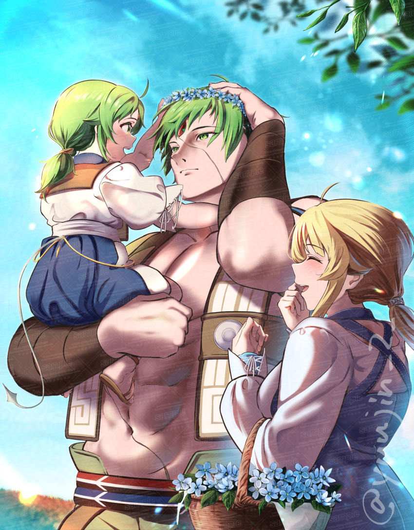 absurdres, ahoge, blonde_hair, blue_flower, blue_sky, blush, brown_vest, carrying, carrying_under_arm, dress, family, father_and_child, father_and_daughter, flower, flower_basket, forehead_jewel, green_eyes, green_hair, hair_flaps, happy, head_wreath, highres, husband_and_wife, laughing, luicelia_superdia, muscular, muscular_male, mushoku_tensei, norn_greyrat, outdoors, parent_and_child, ponytail, ruijerd_superdia, sky, smile, sunlight, tail, vest, yujin_(kanouyuuto-0423)