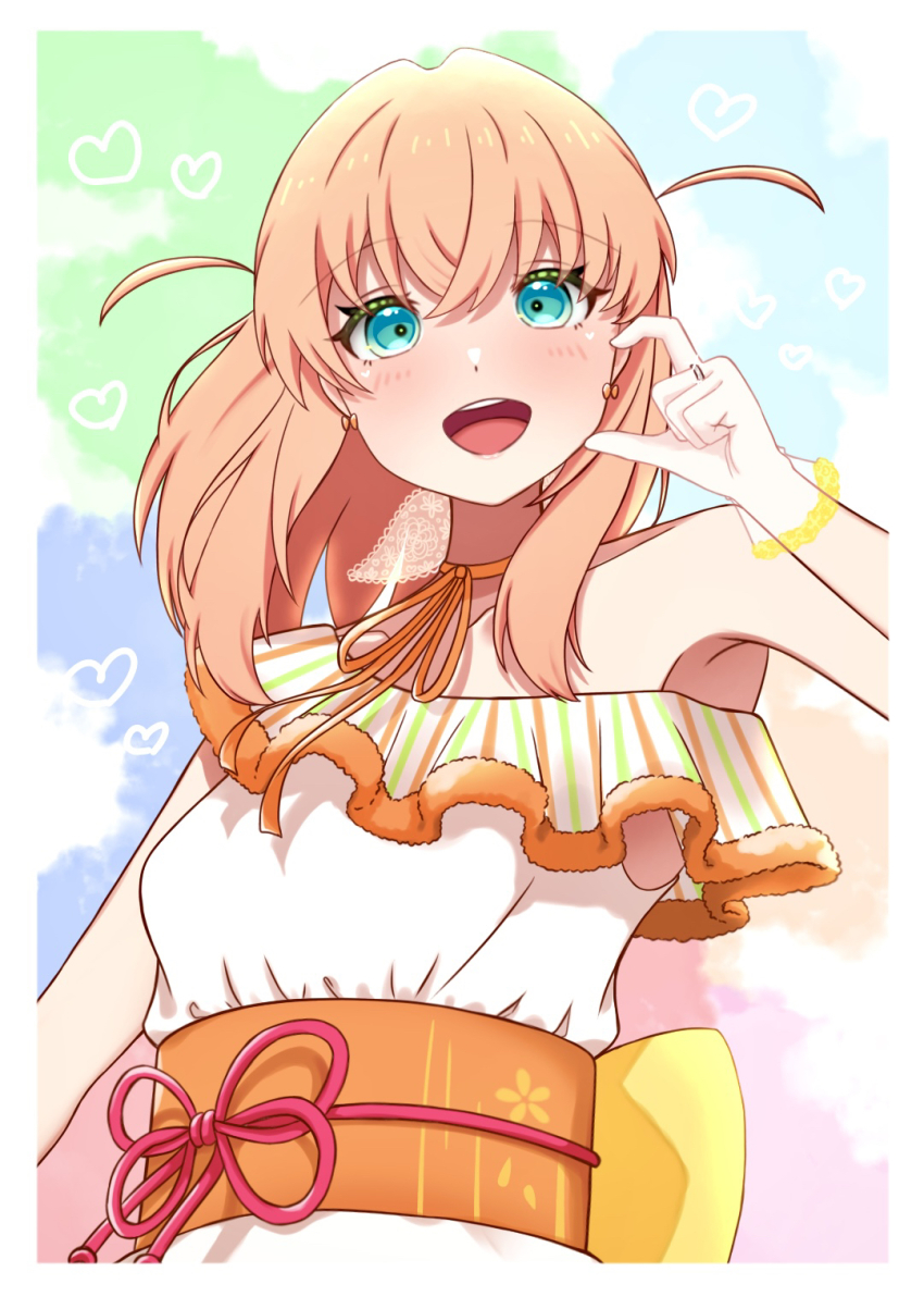 1girl, :d, aqua_eyes, armpits, blue_background, border, collarbone, colorful_background