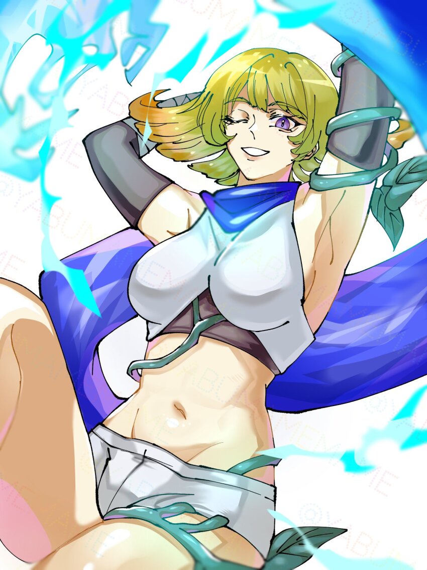 1girl, arms_behind_head, blonde_hair, blue_scarf, breasts, gradient_hair, highres, kid_icarus, kid_icarus_uprising, looking_at_viewer, midriff, multicolored_hair, navel, nintendo, one_eye_closed, orange_hair, phosphora, plant, purple_eyes, scarf, shorts, simple_background, solo, vines, watermark, white_background, white_shorts, yabumamemame
