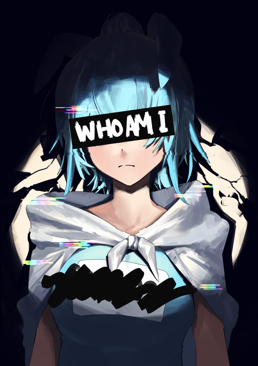 1girl, absurdres, animal_ears, blue_hair, censored, censored_identity, closed_mouth, commentary