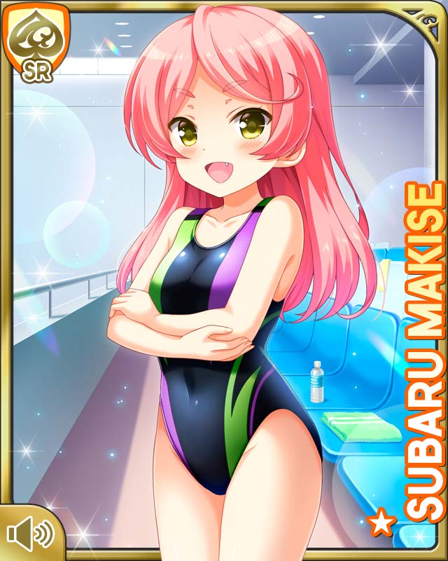 1girl, :d, alternate_hairstyle, black_one-piece_swimsuit, day, fang, girlfriend_(kari), indoor_pool