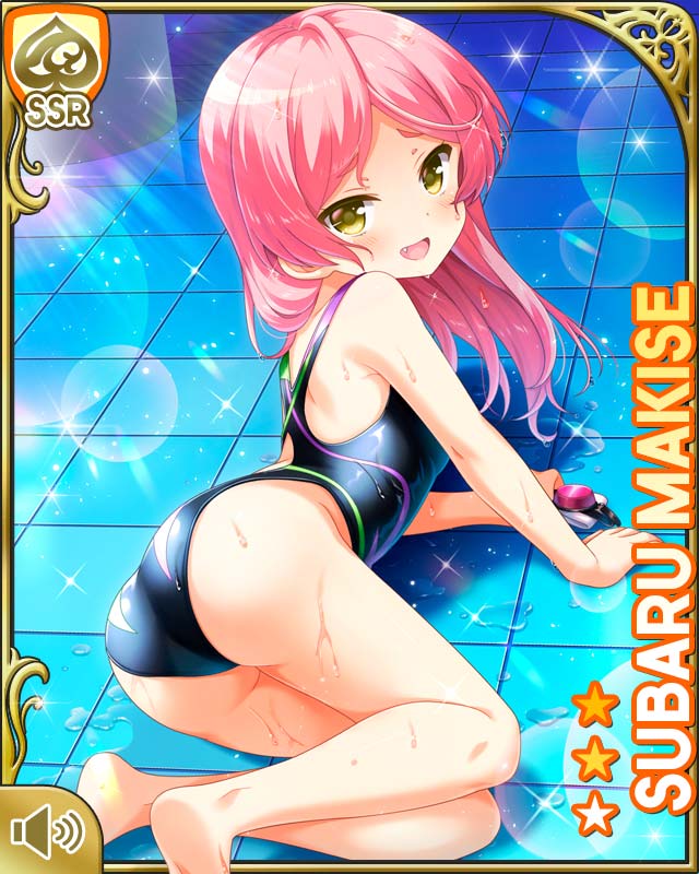 1girl, :d, alternate_hairstyle, ass, black_one-piece_swimsuit, day, fang, girlfriend_(kari)