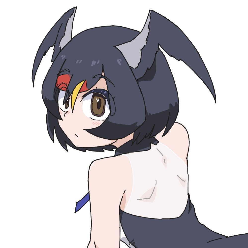 1girl, bare_back, bare_shoulders, barn_swallow_(kemono_friends), bird_girl, bird_wings, black_dress, black_hair