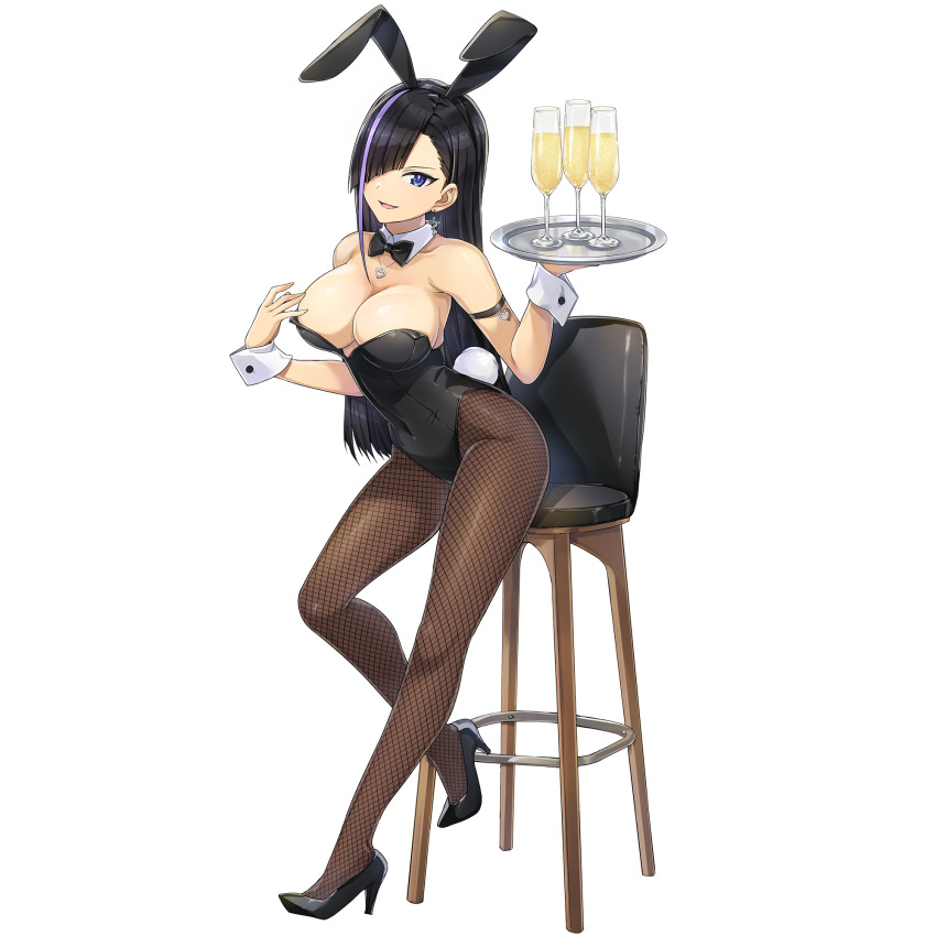 1girl, alcohol, animal_ear_hairband, animal_ears, bare_shoulders, black_hair, black_leotard, blue_eyes