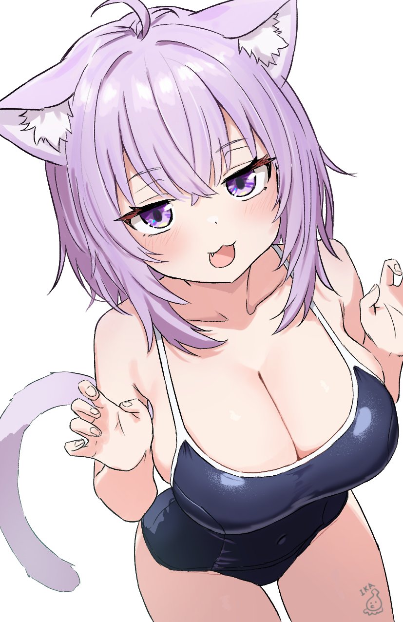 1girl, :3, ahoge, animal_ear_fluff, animal_ears, artist_logo, artist_name, black_one-piece_swimsuit, blush, breasts, cat_ears, cat_girl, cat_tail, cleavage, collarbone, competition_swimsuit, covered_navel, crossed_bangs, dot_nose, eyelashes, fang, hair_intakes, highres, hololive, ika, large_breasts, logo, looking_at_viewer, medium_hair, nekomata_okayu, one-piece_swimsuit, paw_pose, purple_eyes, purple_hair, sidelocks, simple_background, solo, swimsuit, tail, virtual_youtuber, white_background