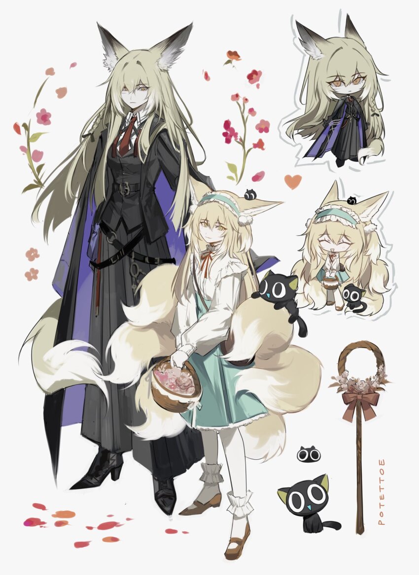 2girls, animal_ear_fluff, animal_ears, arknights, basket, black_cape, black_jacket, black_pants