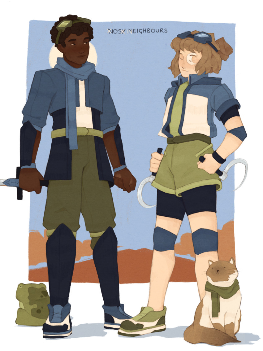 1boy, 1girl, animal, bigbst4tz2, black_eyes, black_hair, blue-framed_eyewear, blue-tinted_eyewear, blue_background, blue_jacket, blue_shirt, blue_shoes, blue_sky, border, brown_hair, cat, closed_eyes, closed_mouth, commentary, crescent, crescent_facial_mark, cropped_jacket, dark-skinned_male, dark_skin, day, elbow_pads, english_commentary, english_text, facial_mark, frog, full_body, goggles, goggles_on_head, green-framed_eyewear, green-tinted_eyewear, green_pants, green_scarf, green_shirt, green_shoes, green_shorts, highres, holding, holding_sword, holding_weapon, jacket, knee_pads, limited_life_smp, looking_at_another, minecraft_youtube, noah_islands, open_clothes, open_jacket, orange_clouds, outside_border, pants, pearlescentmoon, scarf, shin_guards, shirt, shoes, short_hair, shorts, sickle, sky, smile, sneakers, sportswear, standing, sword, tinted_eyewear, traffic_life_series, very_dark_skin, weapon, white_border, white_shirt