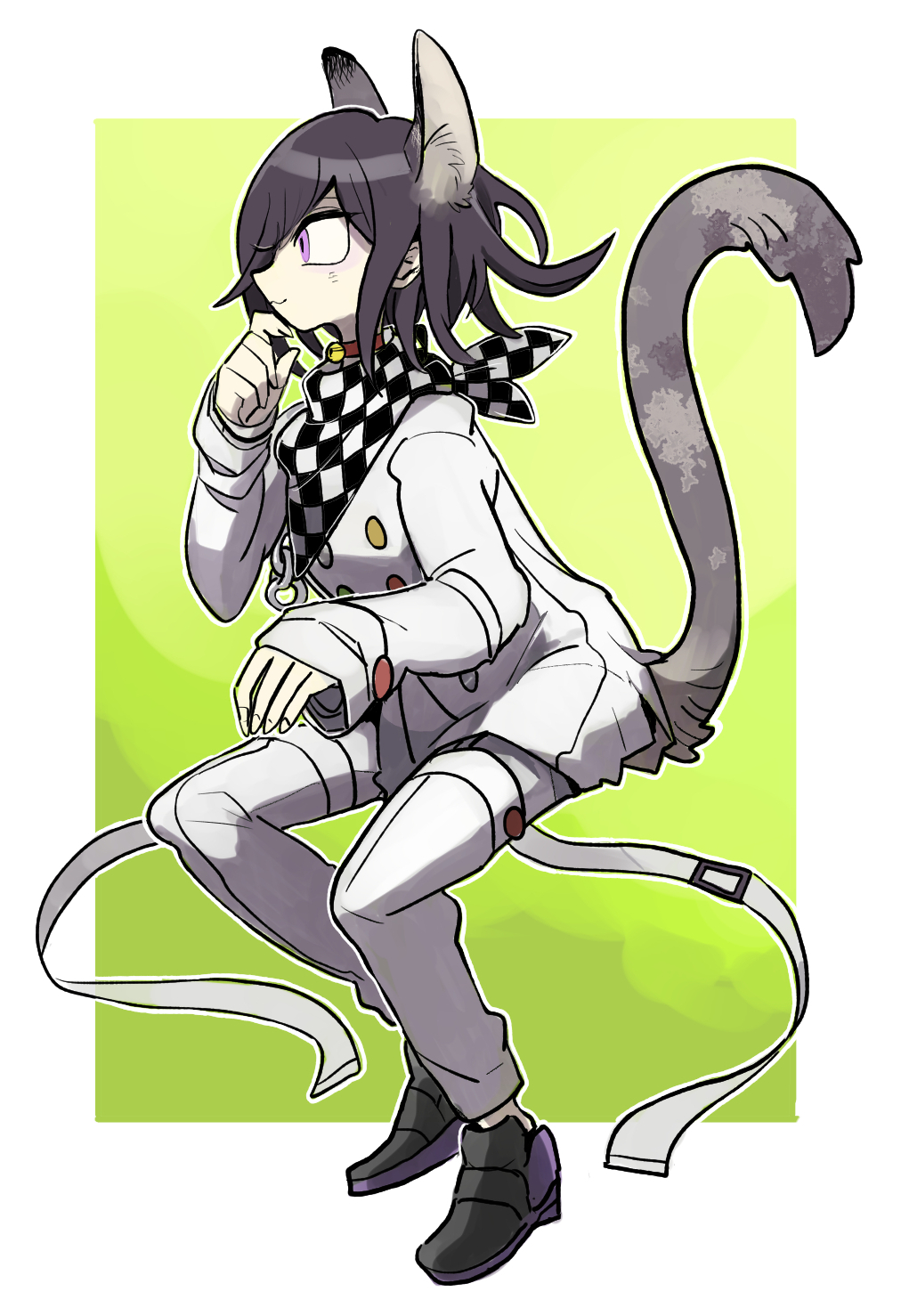 1boy, animal_ears, bandana, black_hair, black_shoes, cat_ears, cat_tail, checkered_bandana