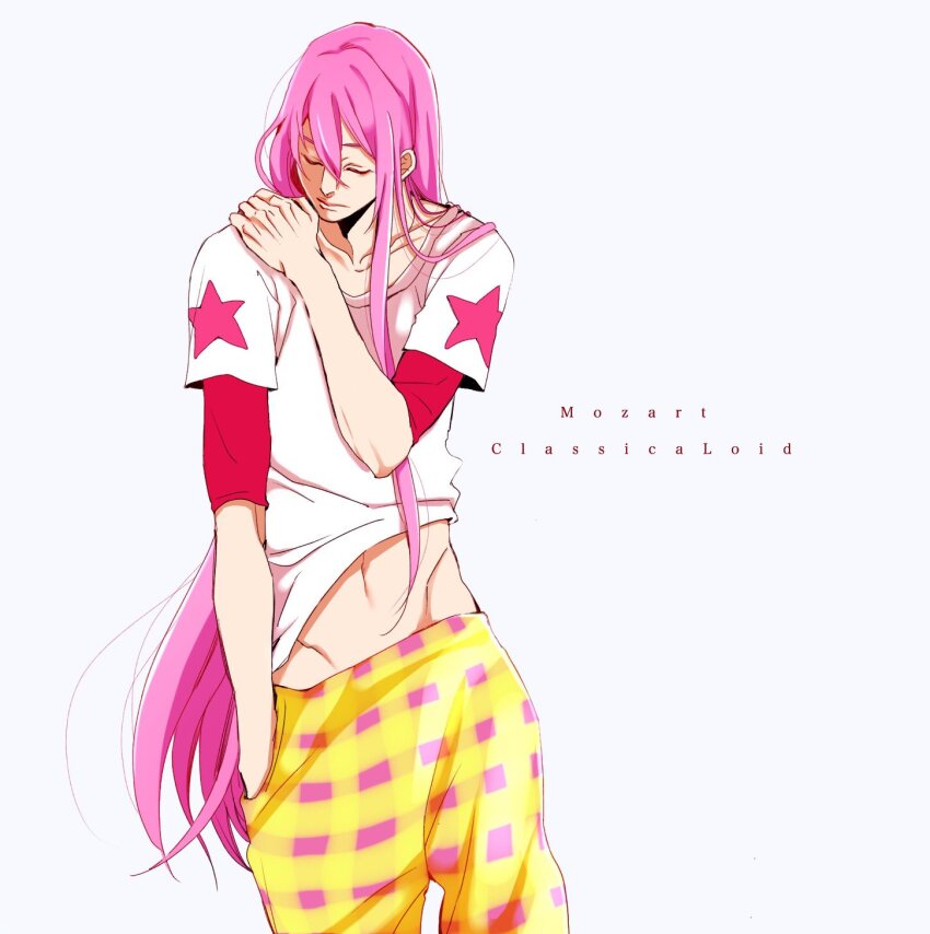 1boy, character_name, classicaloid, closed_eyes, closed_mouth, collarbone, copyright_name, hair_between_eyes, hand_in_pocket, hand_on_own_shoulder, highres, long_hair, male_focus, midriff_peek, navel, ojoj_kkto_t, pink_hair, shirt, short_sleeves, shorts, simple_background, solo, t-shirt, very_long_hair, white_shirt, wolfgang_amadeus_mozart_(classicaloid), yellow_shorts