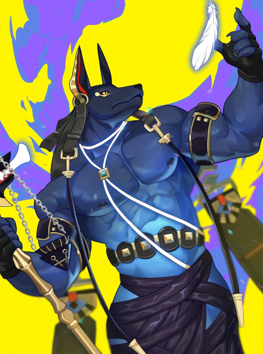 1boy, abs, animal_ears, bara, black_gloves, black_sclera, claws, closed_mouth