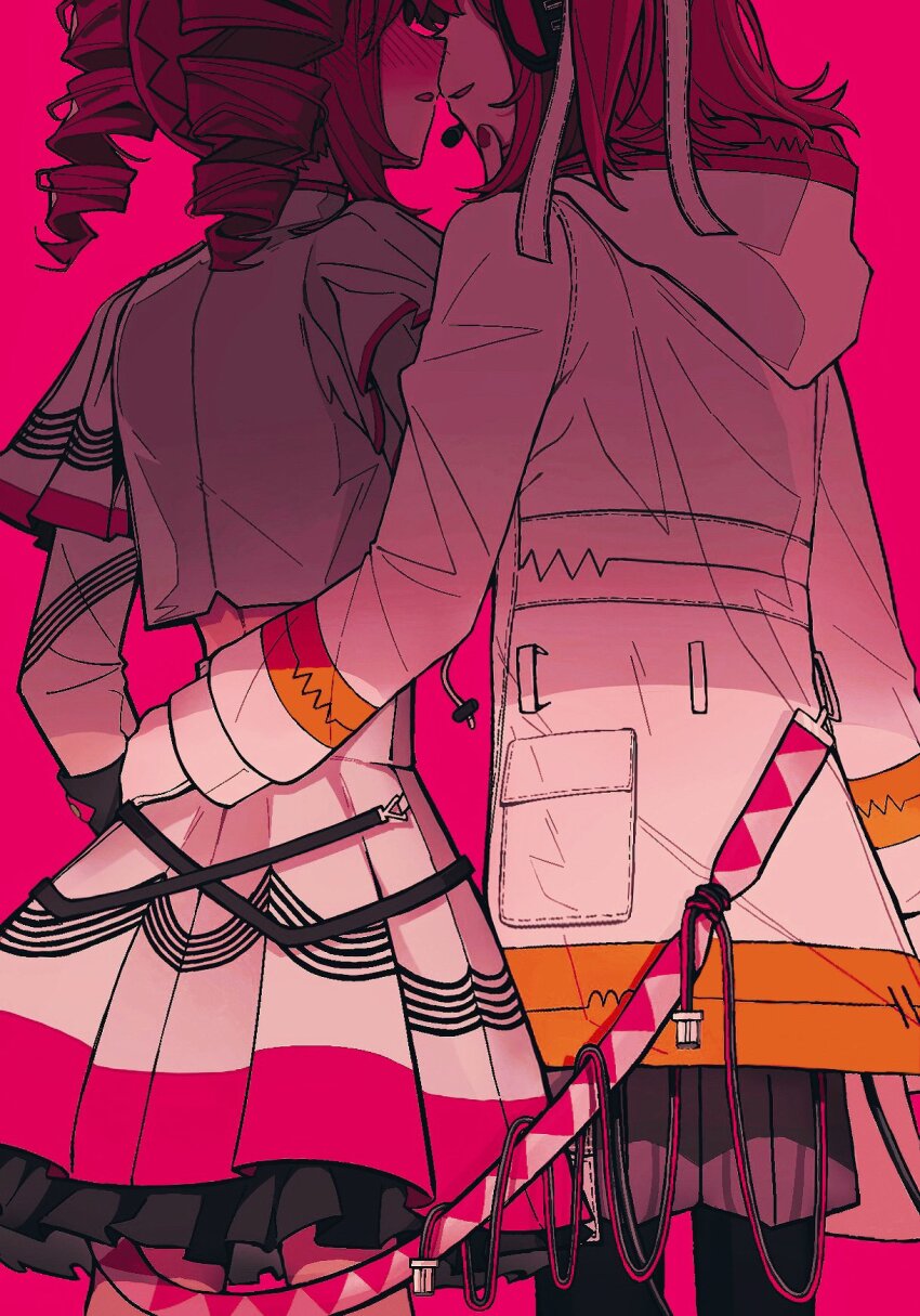 2girls, a.i._voice, adachi_rei, belt, black_pantyhose, black_sleeves, blush, cowboy_shot, drill_hair, from_behind, grey_jacket, grey_shorts, grey_skirt, hair_ribbon, hand_on_another's_waist, hashtag-only_commentary, headphones, headset, highres, imminent_kiss, jacket, kasane_teto, kasane_teto_(sv), kimmy6710223, layered_sleeves, long_sleeves, microphone, multiple_girls, musical_staff, musical_staff_print, pantyhose, pink_background, pink_belt, red_hair, red_skirt, ribbon, shorts, skirt, skirt_set, striped_clothes, striped_jacket, synthesizer_v, twin_drills, utau, white_jacket, white_ribbon, yuri