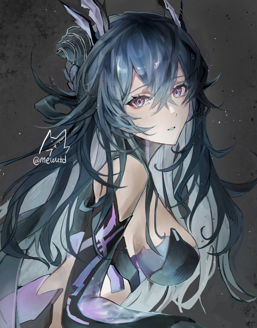 1girl, artist_name, breasts, green_hair, grey_background, hair_between_eyes, highres, lamia:_lost_lullaby_(pgr)