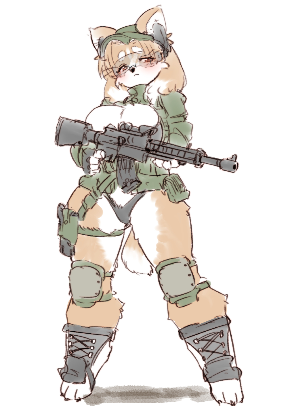 1girl, animal_ears, assault_rifle, black_panties, breasts, dog_ears, dog_girl, dog_tail