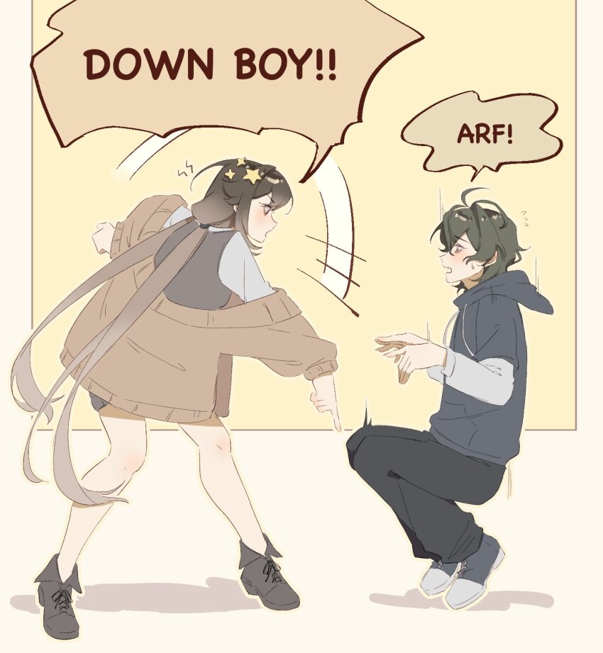 1boy, 1girl, black_boots, black_hair, black_hoodie, black_pants, black_vest, boots, brown_hair, brown_sweater, degrees_of_lewdity, down_boy!!_(meme), english_text, from_side, hair_ornament, highres, hood, hoodie, kylar_(degrees_of_lewdity), kylar_(male)_(degrees_of_lewdity), layered_sleeves, long_hair, long_sleeves, meme, nora_(you_niao), pants, player_character_(degrees_of_lewdity), player_character_(female)_(degrees_of_lewdity), shirt, shoes, short_hair, short_over_long_sleeves, short_sleeves, speech_bubble, star_(symbol), star_hair_ornament, sweater, twintails, vest, white_shirt, you_niao
