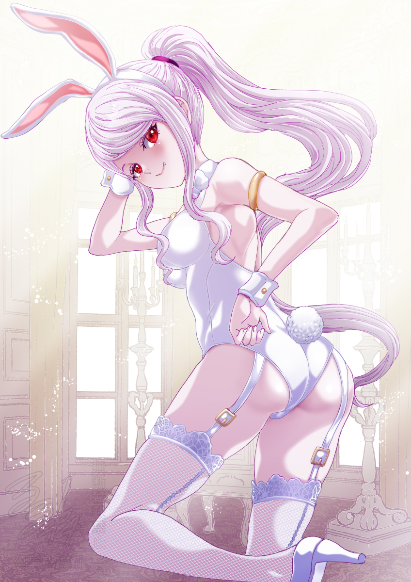1girl, animal_ears, ass, blush, breasts, fang, fishnet_thighhighs, fishnets, garter_straps, hand_up, high_heels, highres, leotard, looking_at_viewer, medium_breasts, overlord_(maruyama), playboy_bunny, ponytail, rabbit_ears, rabbit_tail, red_eyes, rurukichi, shalltear_bloodfallen, smile, tail, thighhighs, white_hair, white_leotard, white_thighhighs