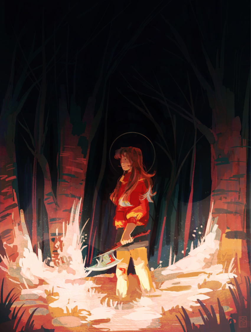 1girl, applestruda, axe, bandaged_leg, bandages, black_shorts, blood, blood_on_leg