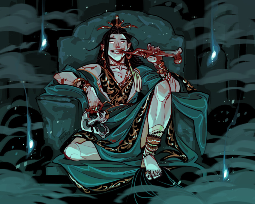 1boy, anklet, bangle, barefoot, black_hair, black_nails, black_trim, blank_eyes