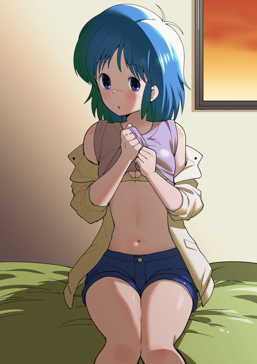 1girl, absurdres, blue_eyes, blue_hair, bra, denim, denim_shorts, highres