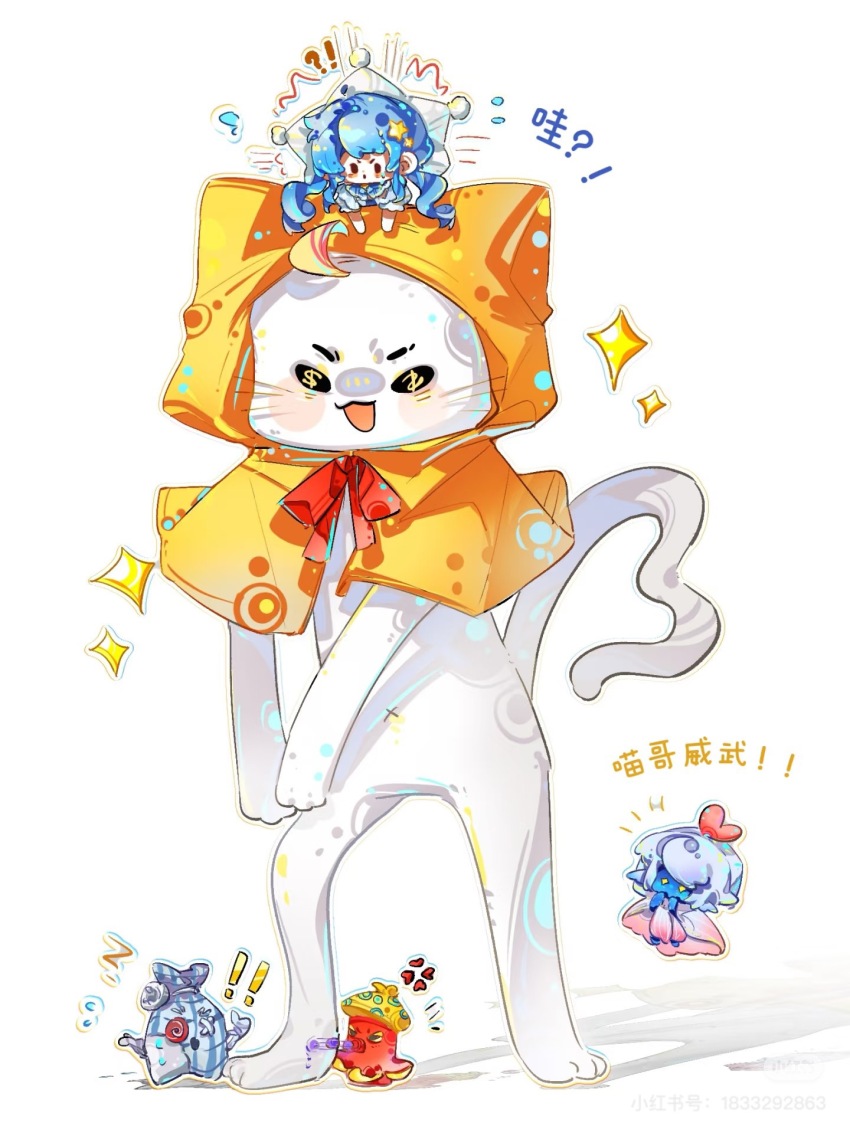!, !!, !?, >_<, 1girl, 1other, :o, ahoge, androgynous, anger_vein, animal, attack, bare_arms, black_eyes, blue_hair, blue_skin, blush_stickers, bow, bowtie, cat, character_request, chibi, chinese_commentary, chinese_text, cloak, clothed_animal, collared_dress, colored_skin, commentary_request, dress, ear_covers, esseling_(infinity_nikki), fins, floating, flying_sweatdrops, frilled_dress, frilled_sleeves, frills, gender_request, gradient_cloak, hair_ornament, hat, hat_ornament, head_fins, heart, heart_hat_ornament, heart_tail, highres, hood, hood_up, hooded_cloak, infinity_nikki, long_hair, long_legs, low_twintails, mini_person, minigirl, momo_(nikki), momo_longlegs_(infinity_nikki), nikki_(nikki), nikki_(series), notice_lines, open_mouth, outline, pink_cloak, pom_pom_(clothes), puffy_short_sleeves, puffy_sleeves, red_bow, red_bowtie, sad_sack_(infinity_nikki), shadow, short_sleeves, simple_background, sitting, sitting_on_head, sitting_on_person, smile, solid_oval_eyes, sparkling_eyes, star_(symbol), star_hair_ornament, starlet_burst_(infinity_nikki), tail, tough_octopack_(infinity_nikki), translation_request, twintails, v-shaped_eyebrows, very_long_hair, watermark, wavy_hair, whiskers, white_background, white_cat, white_dress, white_hair, white_hat, white_outline, xiaohongshu_watermark, yellow_cloak, yiliwa