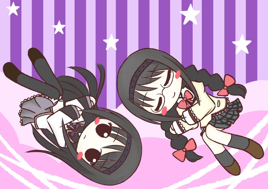 10s, 2girls, akemi_homura, akemi_homura_(magical_girl), alternate_hairstyle, bespectacled, black_hair, blush