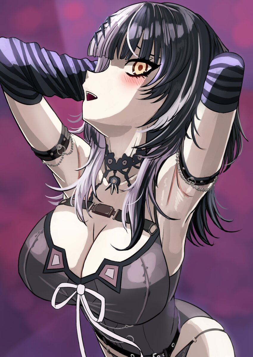 1girl, arm_warmers, black_arm_warmers, black_choker, black_hair, black_panties, breasts, chest_belt