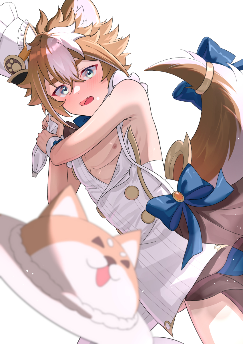 1boy, absurdres, animal_ears, apron, aqua_eyes, blue_bow, blush, bow